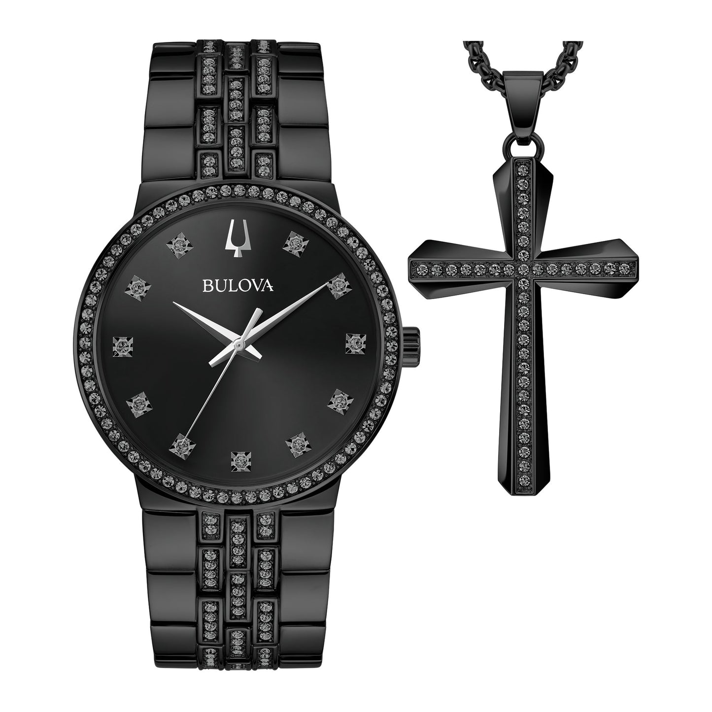 MENS CLASSIC CRYSTAL ION-PLATED WATCH & CROSS NECKLACE