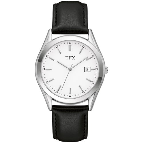TFX Mens Silver & Black Leather Strap Watch White Dial