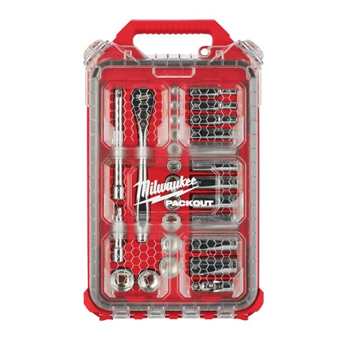 28pc 3/8 Drive Ratchet & Socket Set w/ Packout Low-Profile Compact Organizer - SAE
