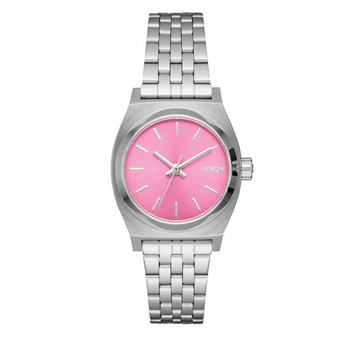 Unisex Small Time Teller Silver-Tone Stainless Steel Watch Pink Dial