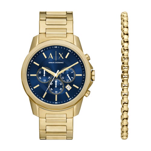 Mens Bank Chronograph Gold-Tone Stainless Steel Watch & Bracelet Set