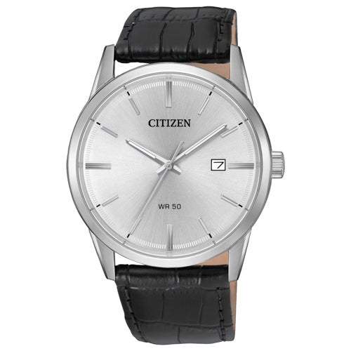 Men's Quartz Black Leather Strap Watch, White Dial