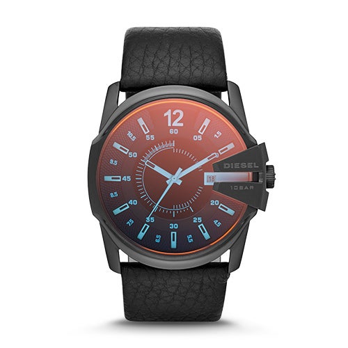 Mens Master Chief Black Leather Strap Watch Iridescent Dial