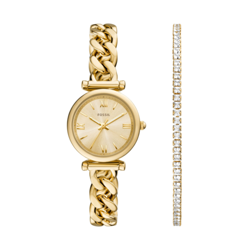 Fossil Women's Carlie Mini Three-Hand Gold-Tone Stainless Steel Watch and Bracelet Set