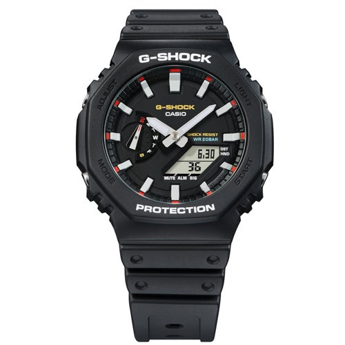 Mens 2100 G-Shock Octagon Slim Ana-Digi Black Resin Watch, Black/Red Dial