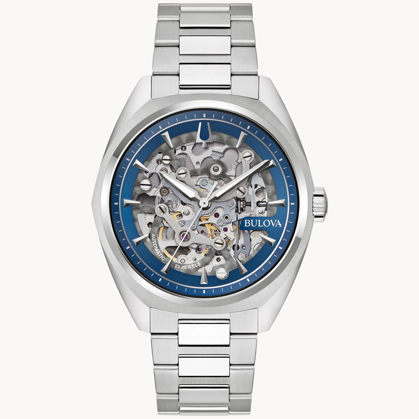 MEN'S SURVEYOR AUTOMATIC STAINLESS STEEL WATCH, SKELETON DIAL