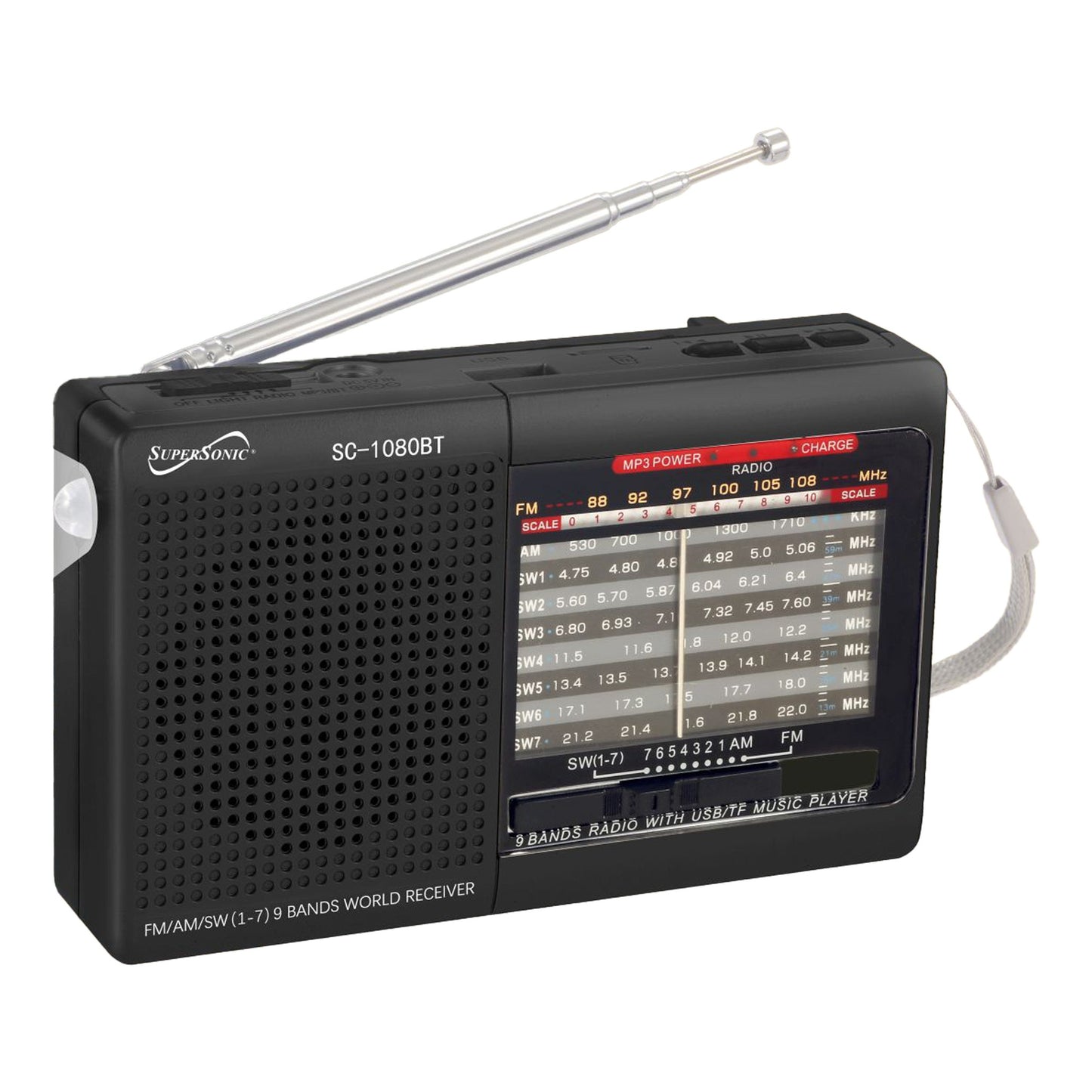 9 BAND RADIO W/ BLUETOOTH AND RECHARGEABLE BATTERY