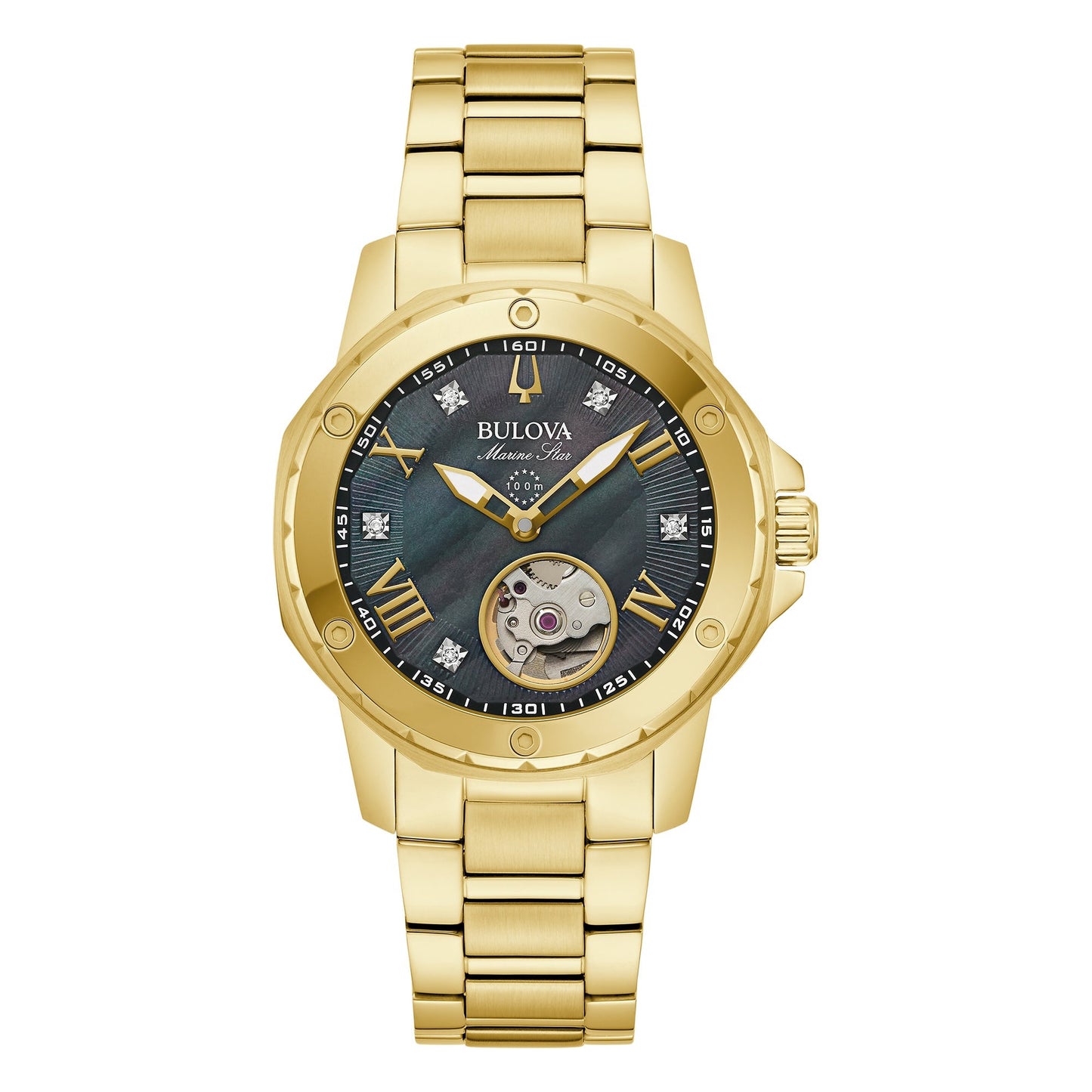 LADIES MARINE STAR AUTOMATIC GOLD-TONE STAINLESS STEEL WATCH BLACK MOP DIAL