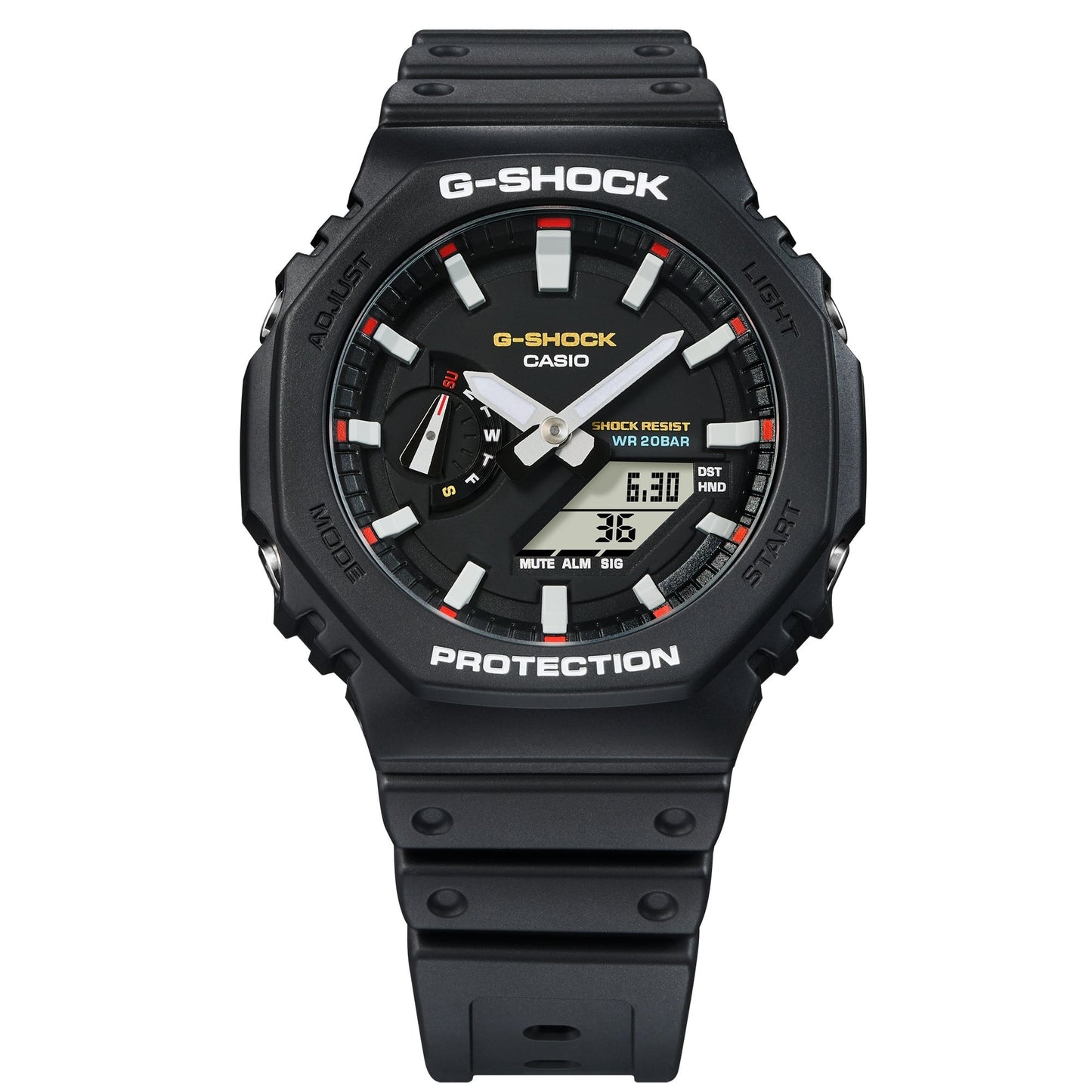 MENS 2100 G-SHOCK OCTAGON SLIM ANA-DIGI BLACK RESIN WATCH, BLACK/RED DIAL