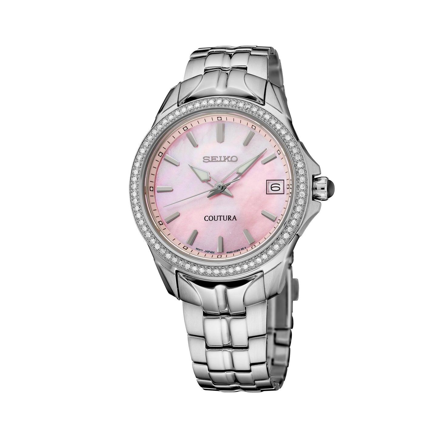 LADIES COUTURA SILVER-TONE STAINLESS STEEL & DIAMOND WATCH PINK MOP DIAL