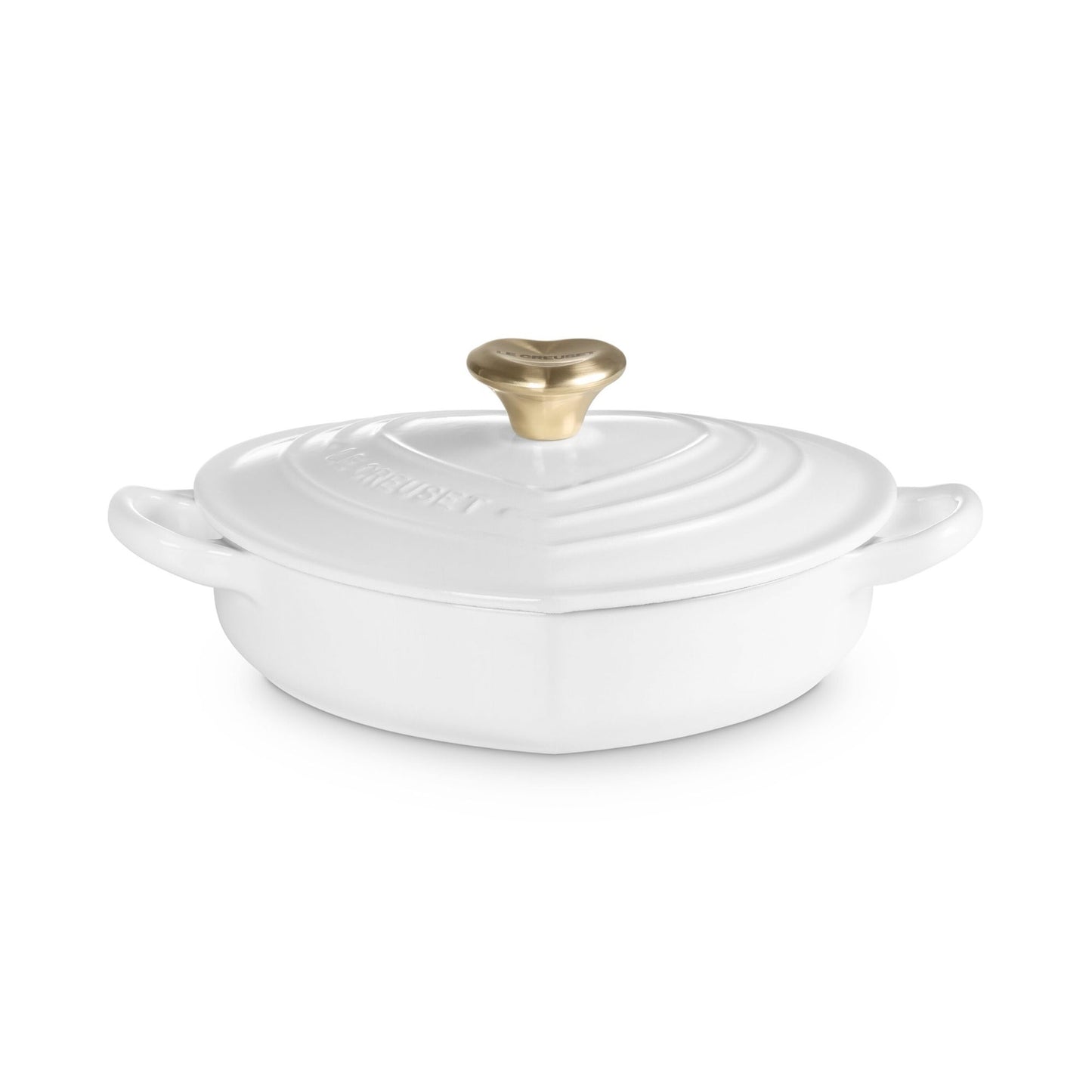 1.25QT TRADITIONAL CAST IRON SHALLOW HEART COCOTTE W/ LIGHT GOLD KNOB WHITE