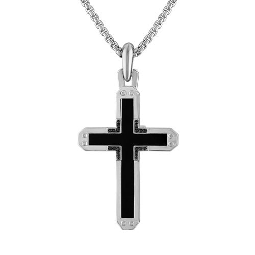 STERLING SILVER CROSS PENDANT W/ BLACK ONYX AND BLACK DIAMONDS