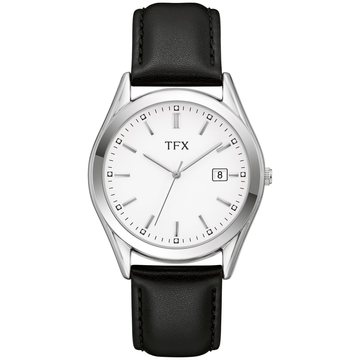 TFX MENS SILVER & BLACK LEATHER STRAP WATCH WHITE DIAL