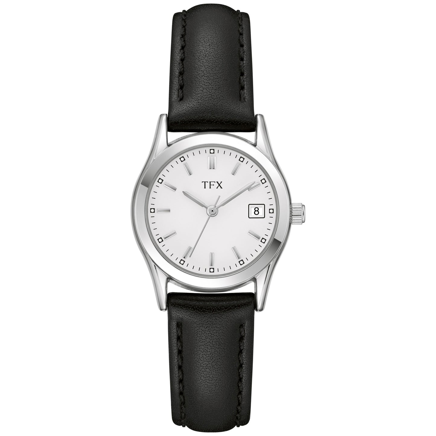 TFX LADIES SILVER & BLACK LEATHER STRAP WATCH WHITE DIAL