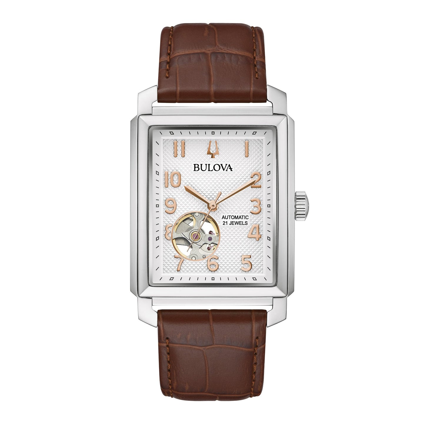 MENS SUTTON AUTOMATIC SILVER & BROWN LEATHER STRAP RECTANGLE WATCH, SILVER DIAL
