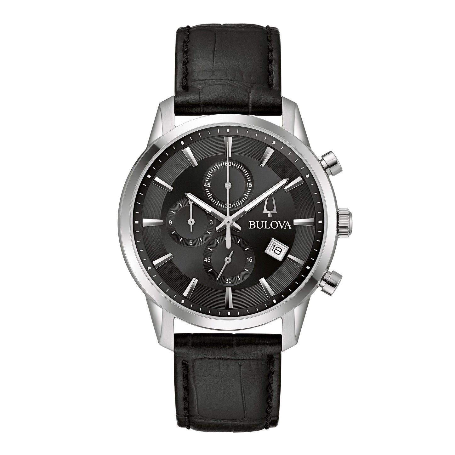 MENS SUTTON CHRONOGRAPH SILVER & BLACK LEATHER STRAP WATCH, BLACK DIAL