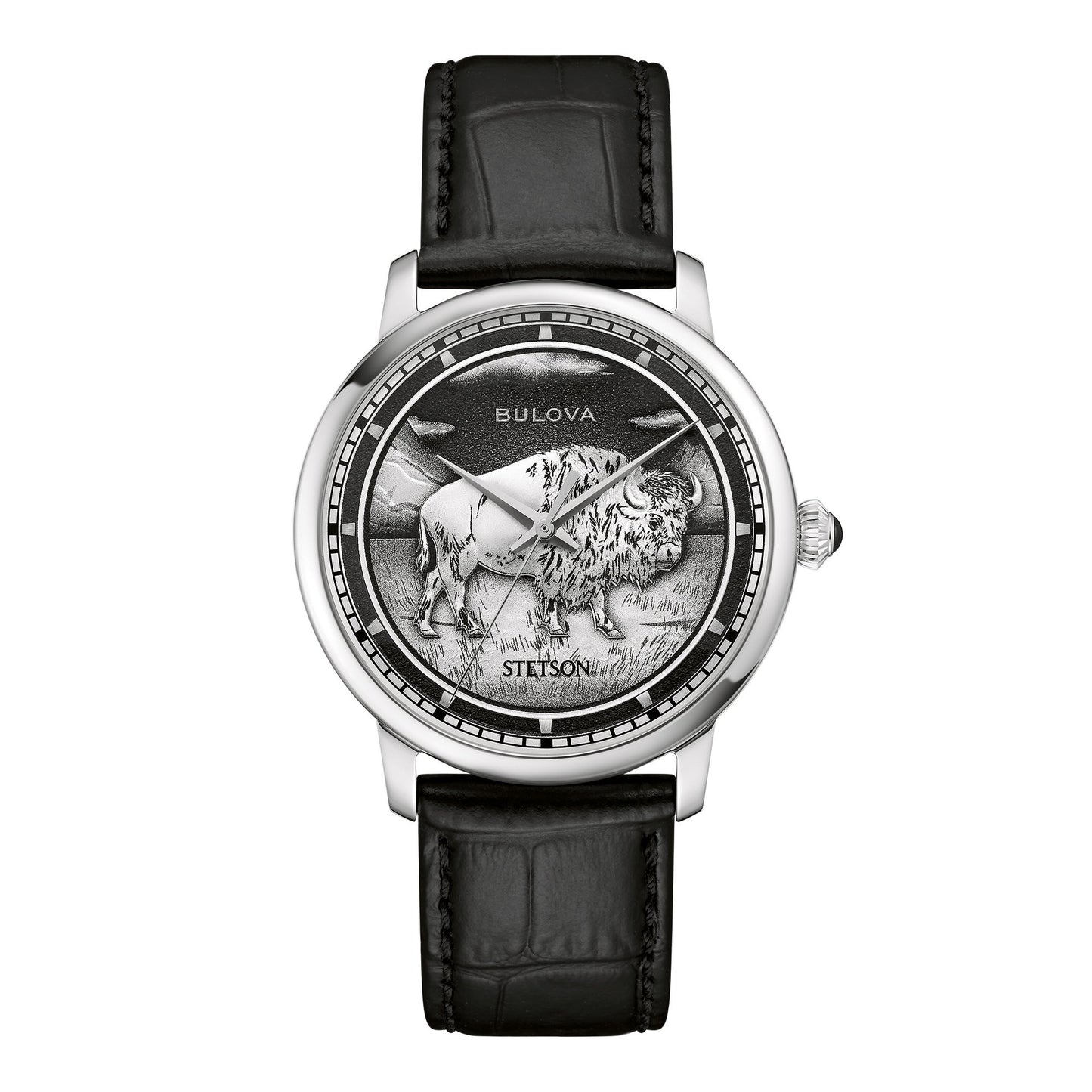 MENS STETSON BISON AUTOMATIC SILVER & BLACK LEATHER STRAP WATCH BLACK DIAL