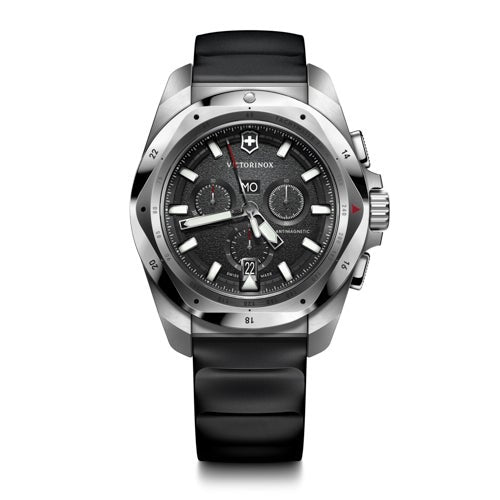 Mens I.N.O.X. Chronograph Silver & Black Rubber Strap Watch Black Dial