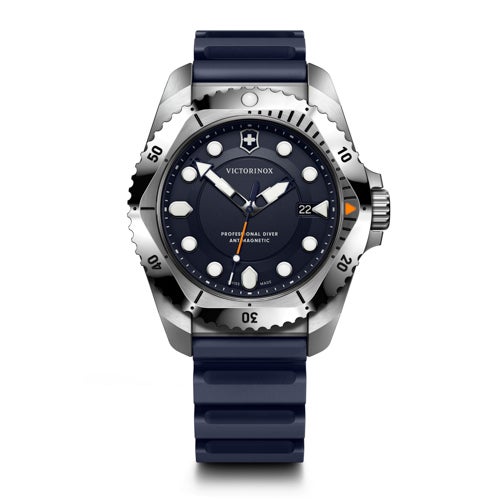 Mens Dive Pro Quartz Silver & Blue Rubber Strap Watch Blue Dial
