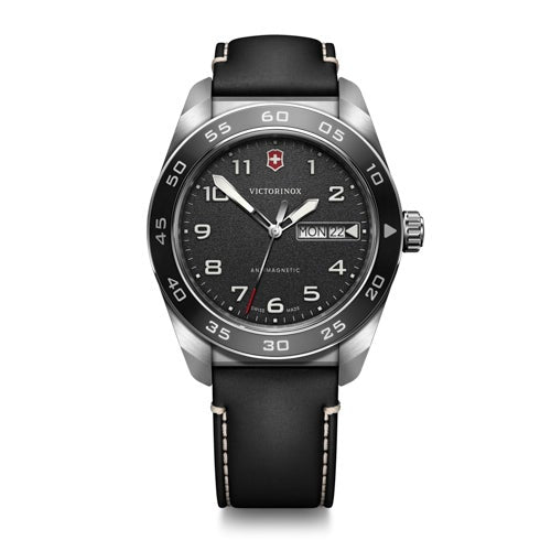 Mens Swiss Army Quartz Silver & Black Leather Strap Watch Black Dial