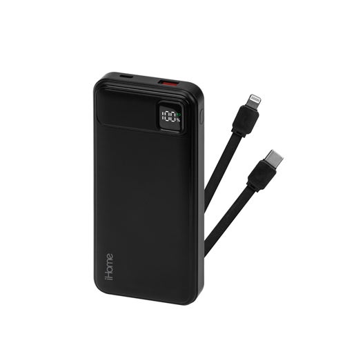 10000mAh 20W PD Portable Power Bank w/ Built-in Type-C & Lightning Cable Black