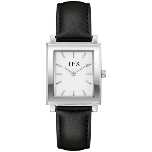 TFX Mens Silver & Black Leather Strap Rectangle Watch White Dial