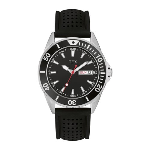 Mens TFX Silver & Black Rubber Strap Watch, Black Dial