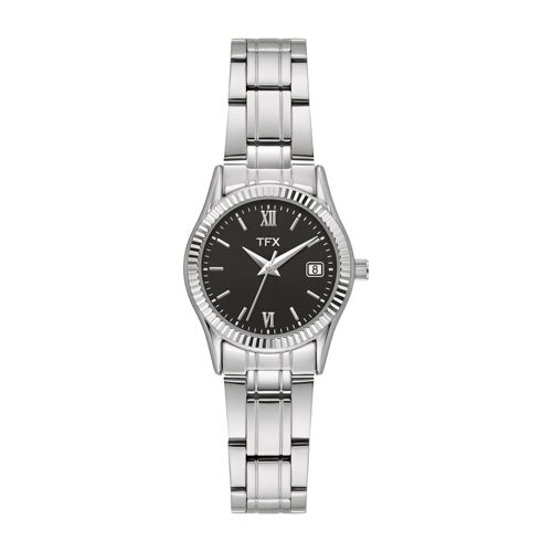 Ladies TFX Silver-Tone Stainless Steel Watch, Black Dial