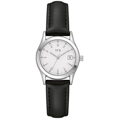 TFX Ladies Silver & Black Leather Strap Watch White Dial