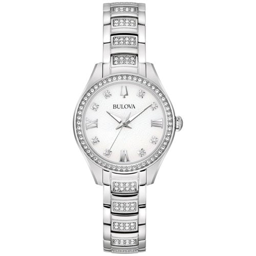 Ladies' Crystal Silver-Tone Stainless Steel Watch, Mother-of-Pearl Dial