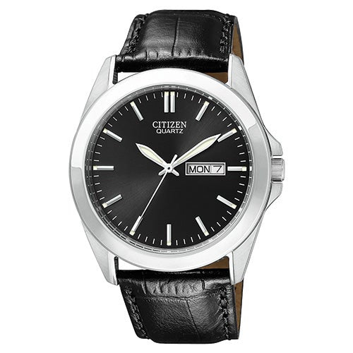 Mens Quartz Black Leather Strap Watch Black Dial