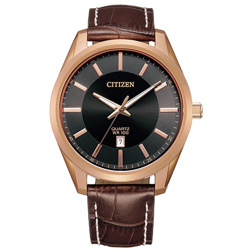 Mens Rose Gold Quartz Leather Strap Watch Black Dial