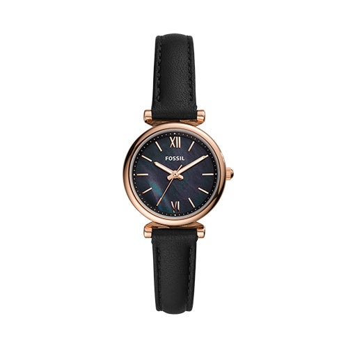 Ladies Carlie Mini Rose Gold & Black Leather Strap Watch Black Dial