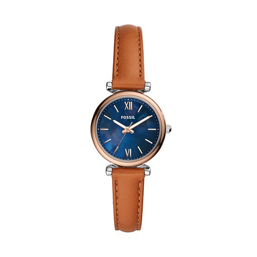 Ladies Carlie Mini Rose Gold & Tan Leather Strap Watch Blue MOP Dial