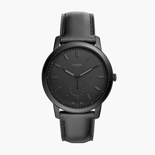 Mens Minimalist Black Leather Strap Watch Black Dial
