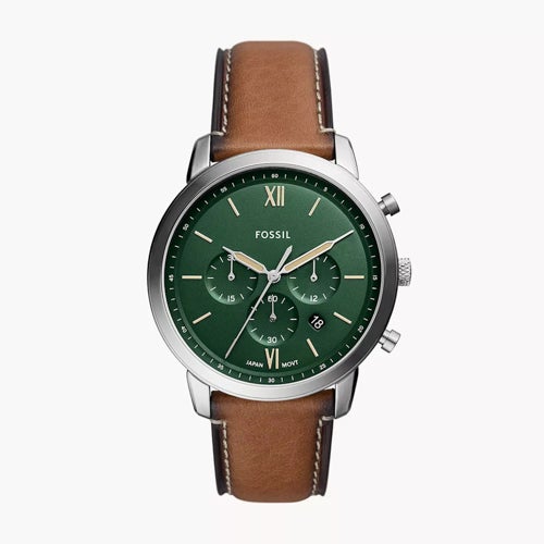 Mens Neutra Chronograph Silver & Brown Leather Strap Watch Green Dial