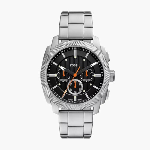 Mens Machine Chronograph Silver-Tone Stainless Steel Watch Black Dial