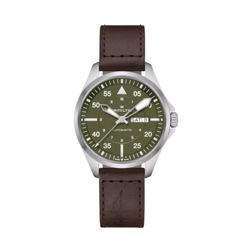 Hamilton Khaki Aviation Pilot Day Date Auto Dark Brown Leather Strap Watch