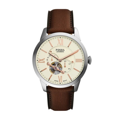 Mens Townsman Automatic Silver & Brown Leather Strap Watch Cream Dial