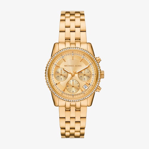 Ladies Mini Bryant Pave Gold-Tone Chronograph Stainless Steel Watch Gold Dial