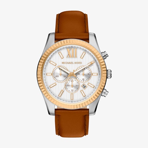 Mens Lexington Chronograph Two-Tone & Brown Leather Strap Watch Silver Dial