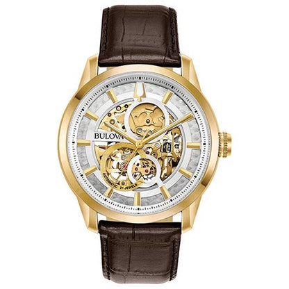MENS SUTTON AUTOMATIC LEATHER STRAP WATCH SKELETON DIAL