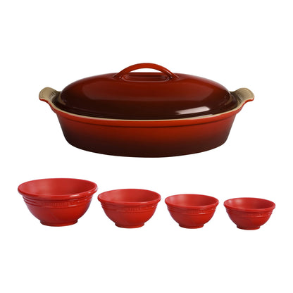 4QT HERITAGE STONEWARE COVERED OVAL CASSEROLE W/ PREP BOWLS