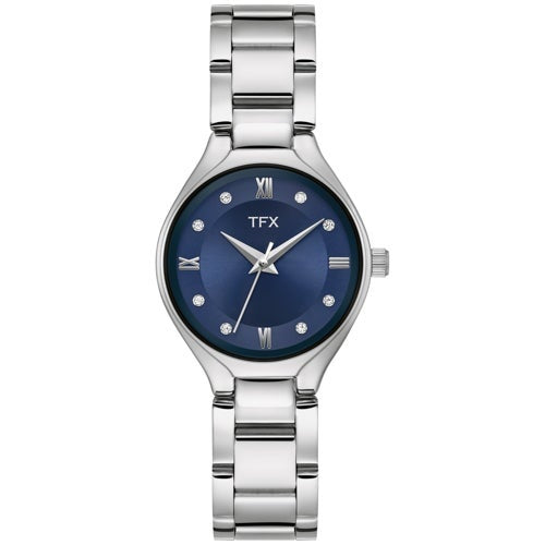 LADIES' TFX SILVER-TONE STAINLESS STEEL WATCH W/ CRYSTAL MARKERS, DIAL