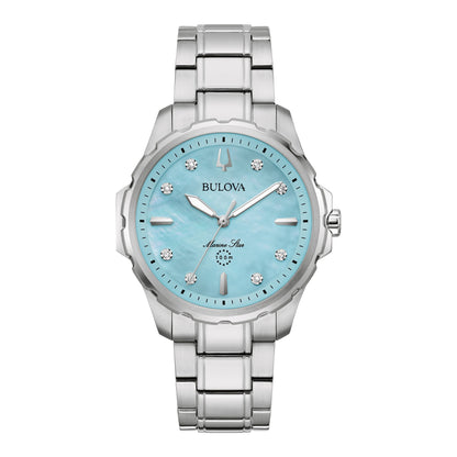 LADIES' MARINE STAR DIAMOND STAINLESS STEEL WATCH, MOP DIAL