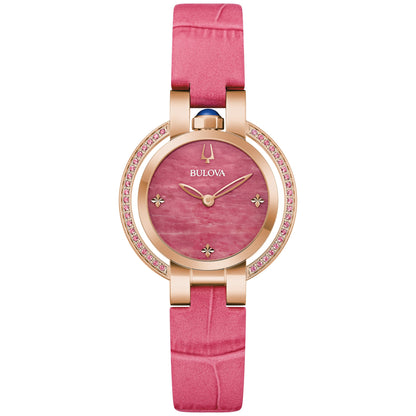 LADIES' RUBAIYAT FOUR SEASON LEATHER STRAP WATCH, RHODONITE DIAL
