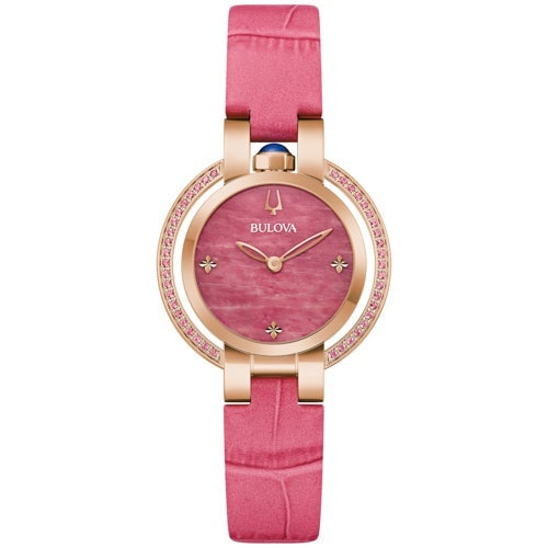 LADIES' RUBAIYAT FOUR SEASON LEATHER STRAP WATCH, RHODONITE DIAL