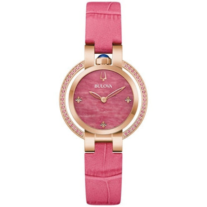 LADIES' RUBAIYAT FOUR SEASON LEATHER STRAP WATCH, RHODONITE DIAL
