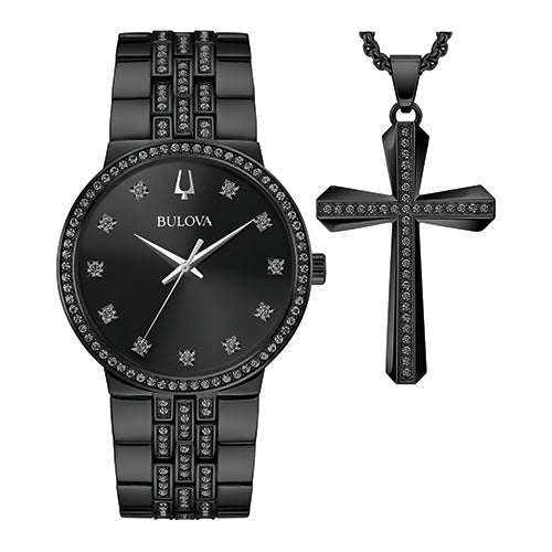 MENS CLASSIC CRYSTAL ION-PLATED WATCH & CROSS NECKLACE