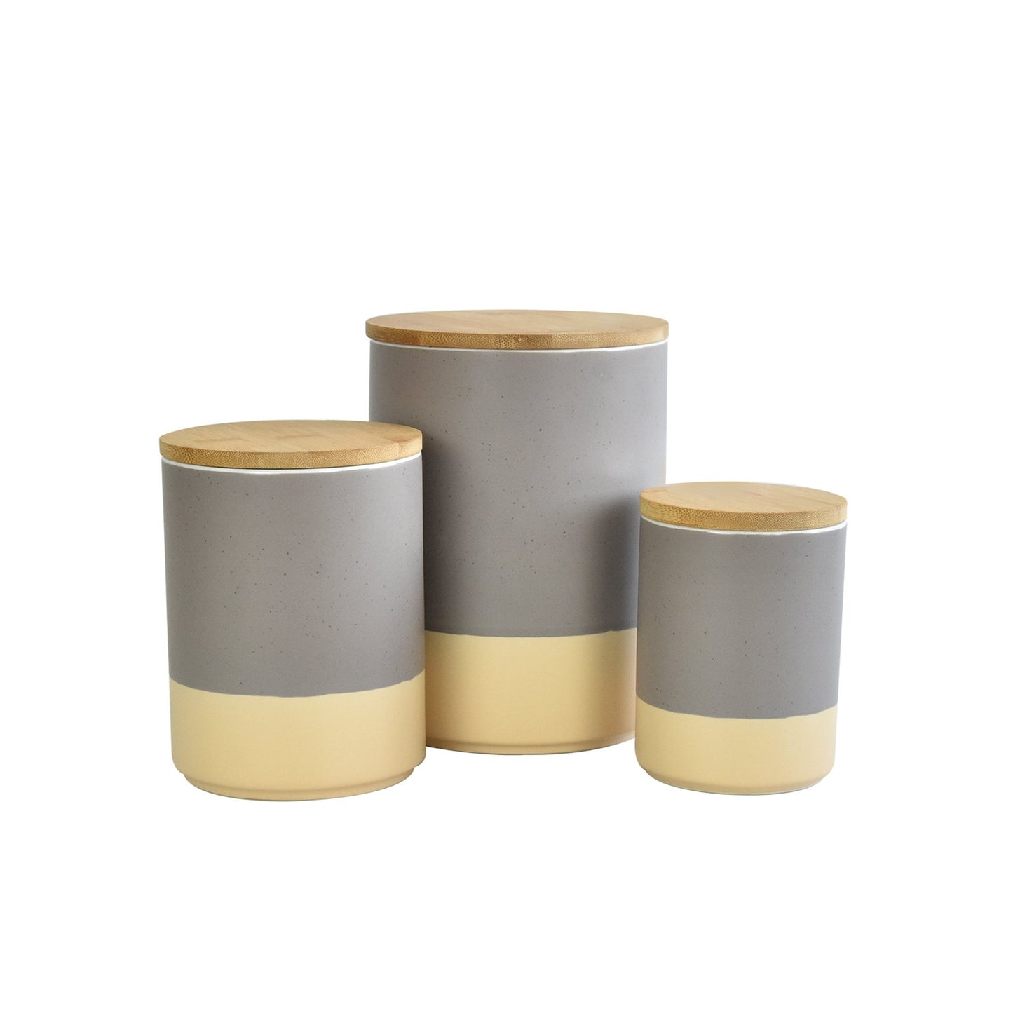 3PC STONEWARE CANISTER SET W/ BAMBOO LIDS GREY